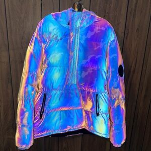 Iridescent Puffer Jacket with Hood and Reflective Quality